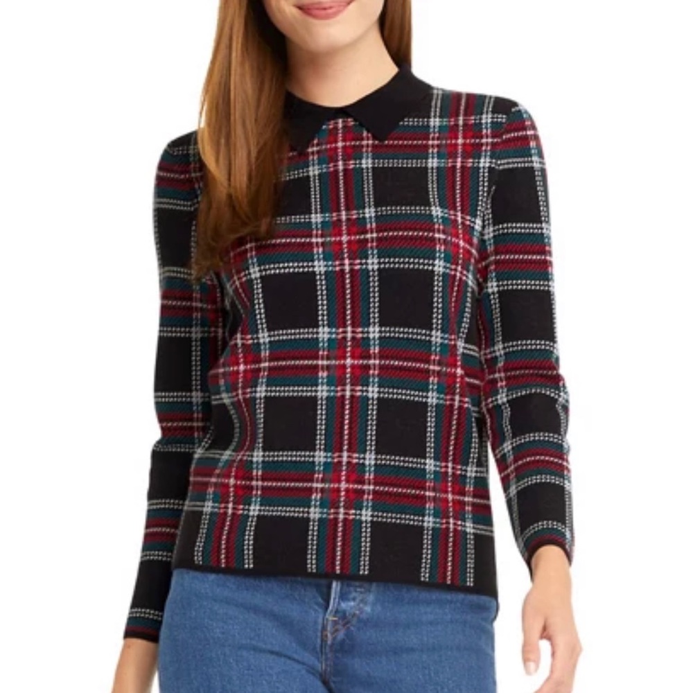 Draper James Long Sleeve Collar Plaid Sweater